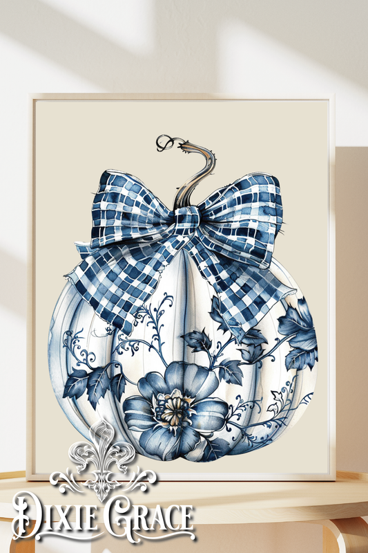 Blue Toile Pumpkin - Two Sizes - Wooden Box Sign