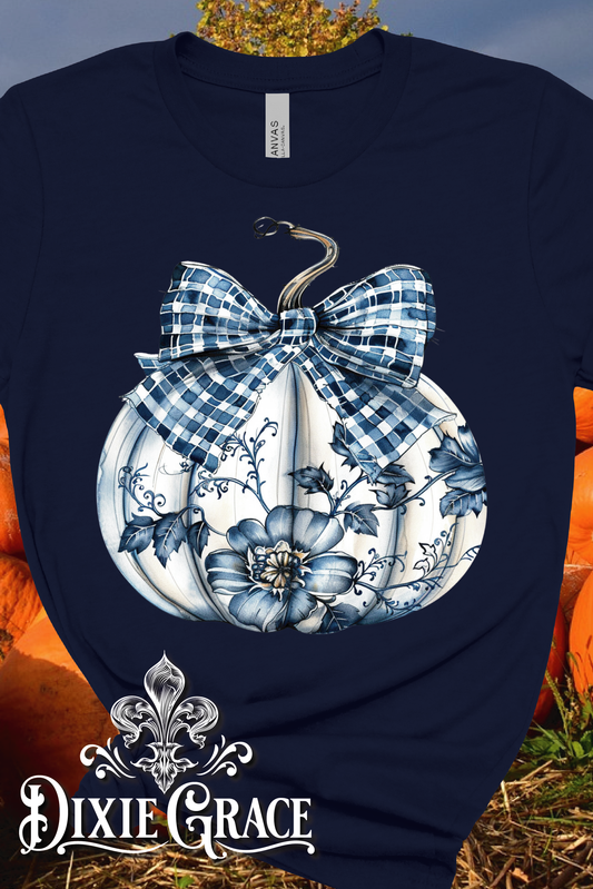 Blue Toile Pumpkin - Navy - Youth, Long Sleeve, Sweatshirt, Hoodie Option - Graphic Tee