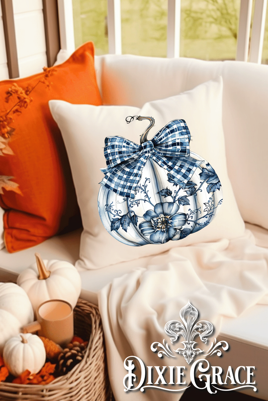 Blue Toile Pumpkin - Includes Insert - Throw Pillow