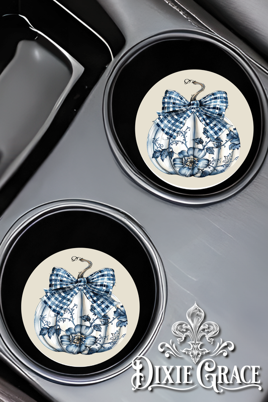Blue Toile Pumpkin - Set of 2 - Car Coasters