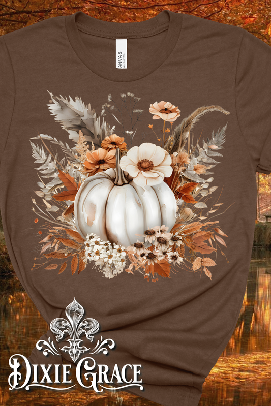 BoHo White Pumpkin Floral Spray - Brown - Youth, Long Sleeve, Sweatshirt, Hoodie Option - Graphic Tee