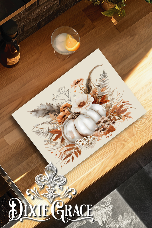 Boho White Pumpkins - Glass Cutting/Charcuterie Board