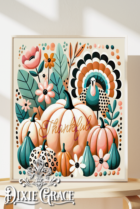 Boho Turquoise Pumpkin Thankful - Two Sizes - Wooden Box Sign