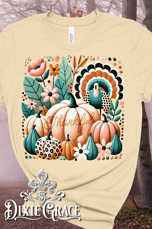 Boho Turquoise Thankful Pumpkin - Natural - Youth, Long Sleeve, Sweatshirt, Hoodie Option - Graphic Tee