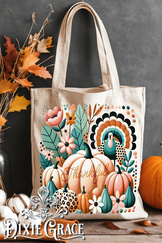 Boho Turquoise Pumpkin Thankful - Gift - Canvas - Two Options - Tote Bag