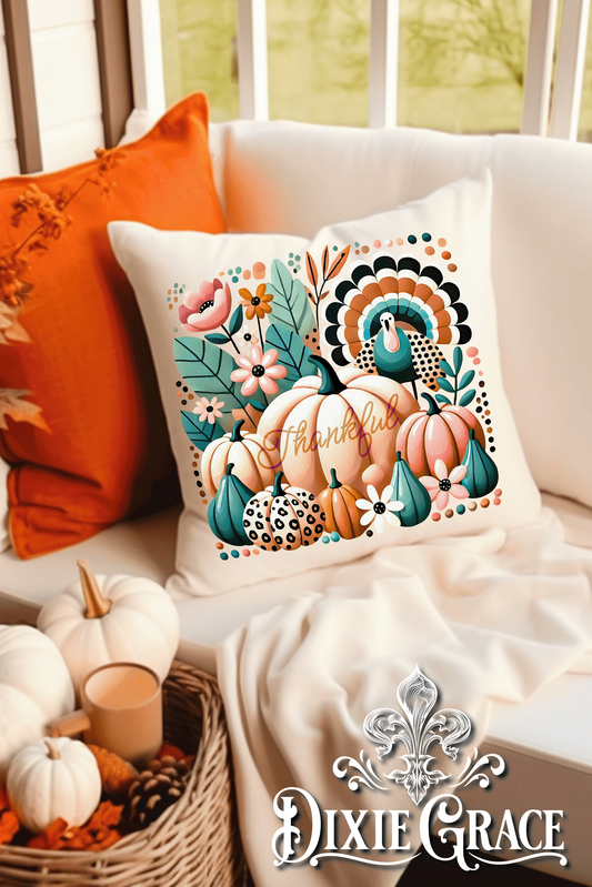 Boho Turquoise Pumpkin Thankful - Includes Insert - Throw Pillow