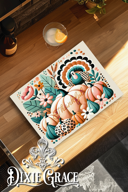 Boho Turquoise Pumpkin Thankful - Glass Cutting/Charcuterie Board