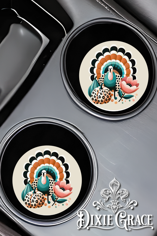 Boho Turquoise Pumpkin Thankful - Set of 2 - Car Coasters