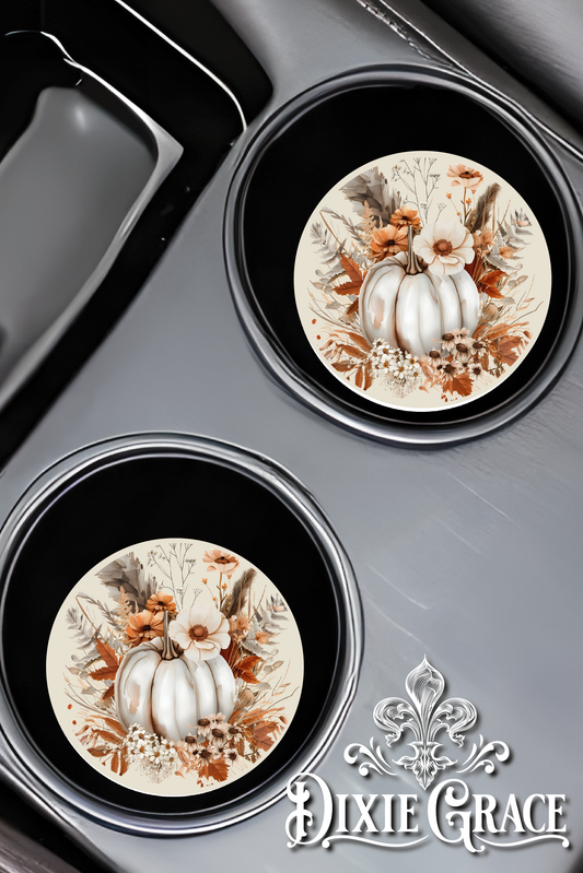 Boho White Pumpkin - Set of 2 - Car Coasters