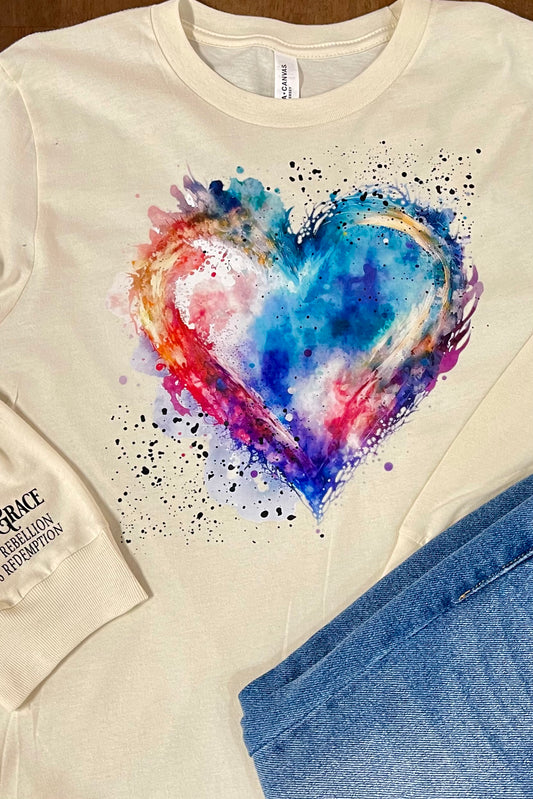 Watercolor Heart with Splatter - Graphic Long Sleeve Tee