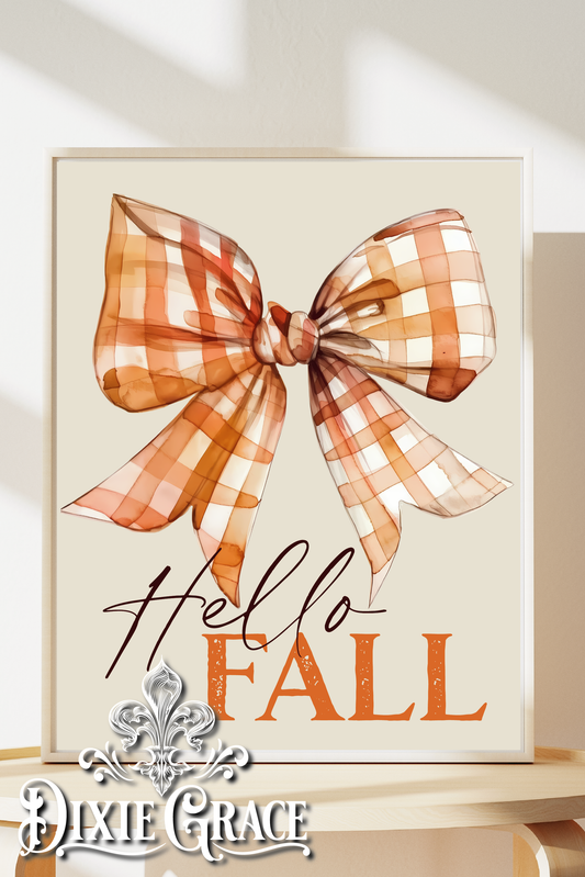 Hello Fall Checkered Bow - Two Sizes - Wooden Box Sign