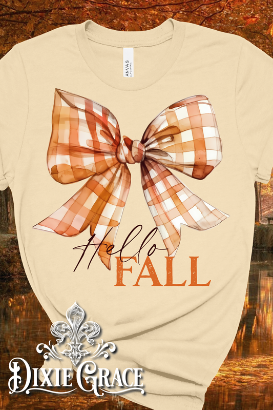 Hello Fall Checkered Bow - Natural - Youth, Long Sleeve, Sweatshirt, Hoodie Option - Graphic Tee
