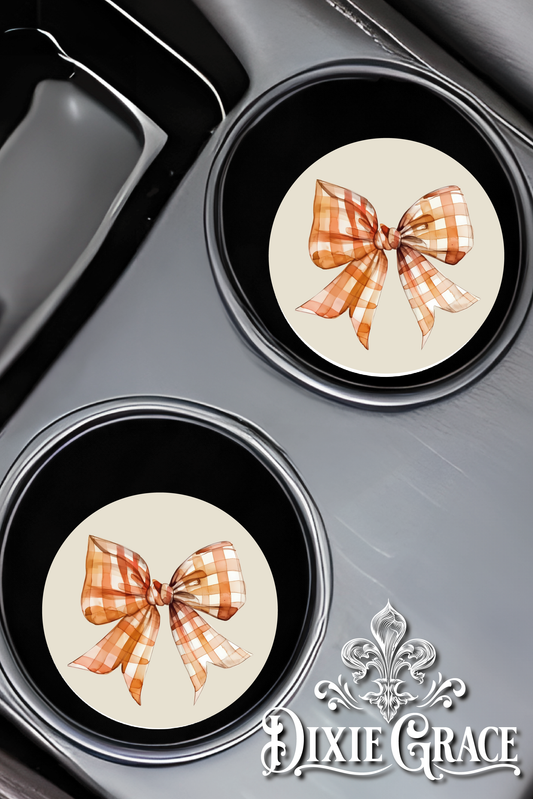 Hello Fall Checkered Bow - Set of 2 - Car Coasters