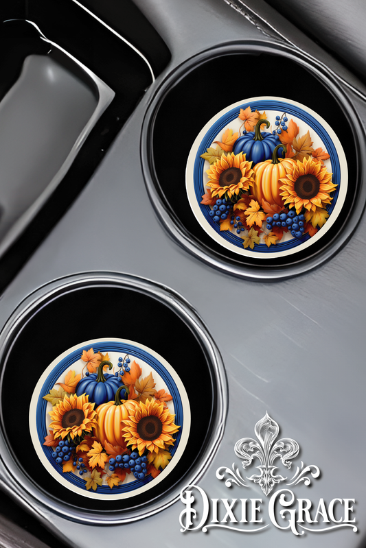 Fall Pumpkins w/ Sunflowers - Set of 2 - Car Coasters