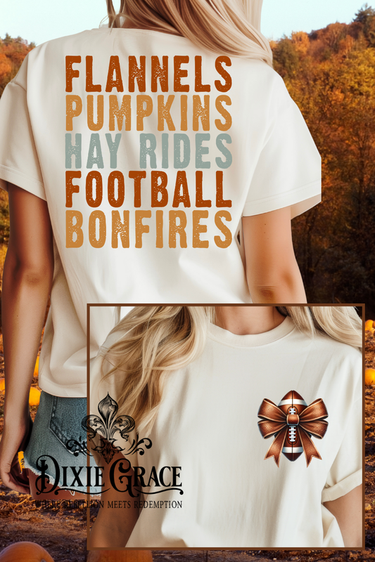 Football Bow (Front) with Fall Things (Back) - Natural/Sand - Short, Long Sleeve Options - Graphic Tee