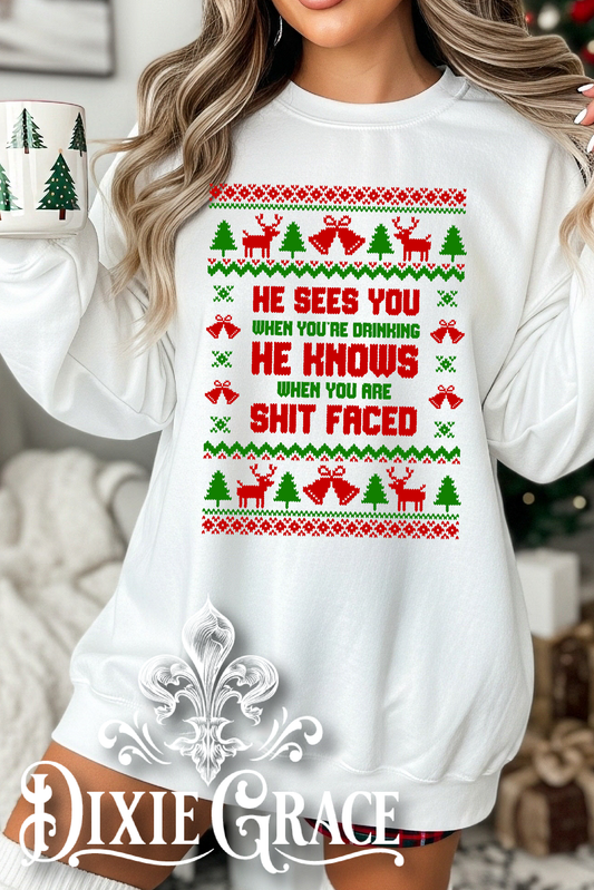 He Sees You When You're Drinking - White - Youth, Long Sleeve, Sweatshirt Option - Graphic Tee