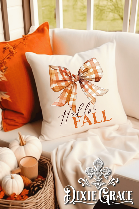 Hello Fall Checkered Bow - Includes Insert - Throw Pillow