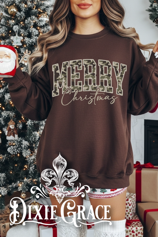 Merry Christmas Camo - Chocolate - Youth, Long Sleeve, Sweatshirt Option - Graphic Tee