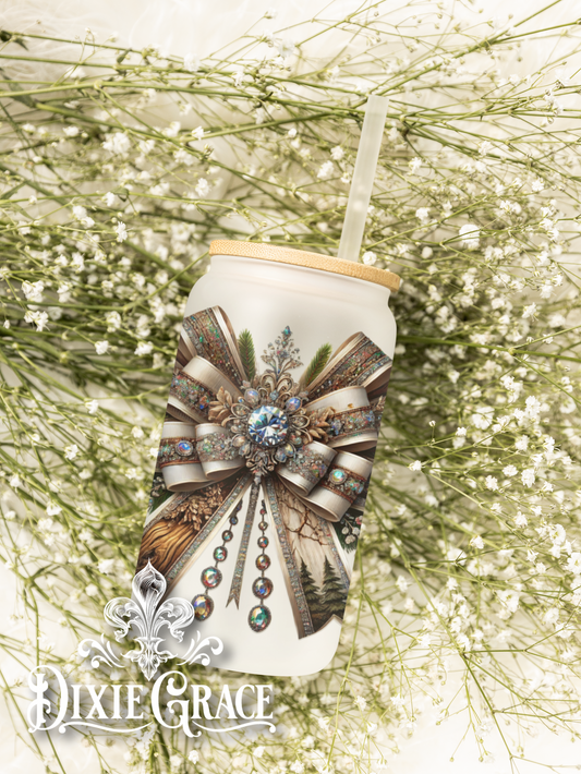 Woodland Luxe Bow - Frosted 16 oz Glass Can
