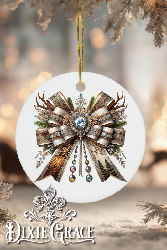 Woodland Luxe Bow - Round Ceramic Christmas Ornament