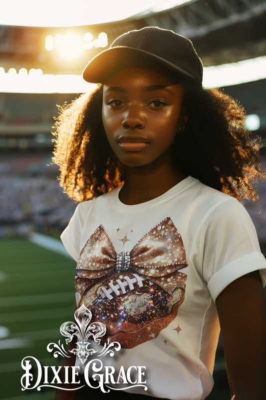 Bling Football with Bow - Natural - Youth, Long Sleeve, Sweatshirt, Hoodie Option - Graphic Tee