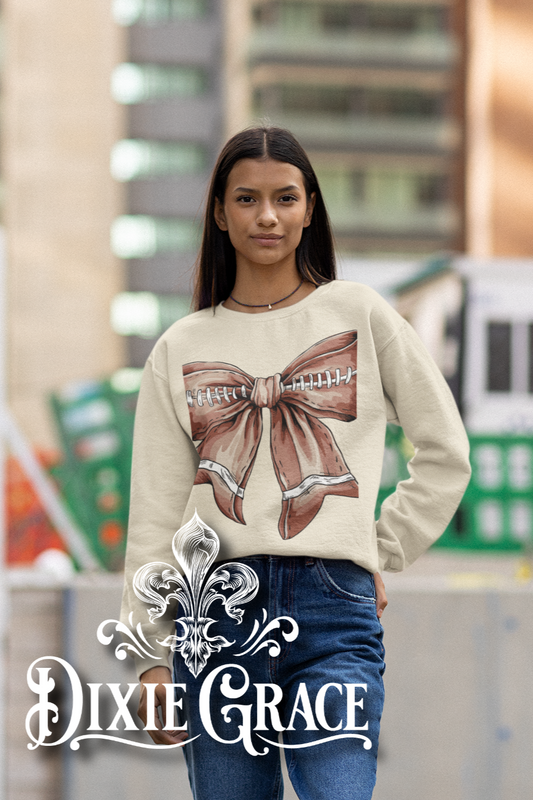 Vintage Football Bow - Natural - Youth, Long Sleeve, Sweatshirt, Hoodie Option - Graphic Tee