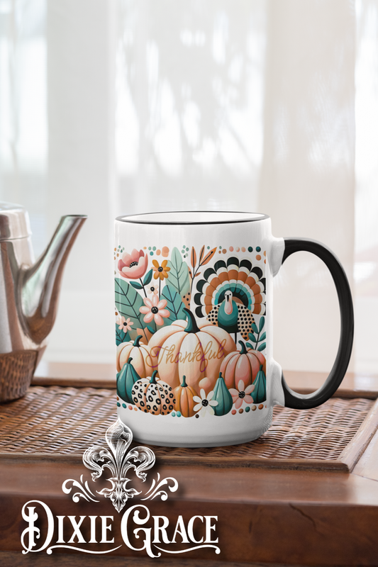 Boho Thankful Turquoise Pumpkin - Large Coffee Mug