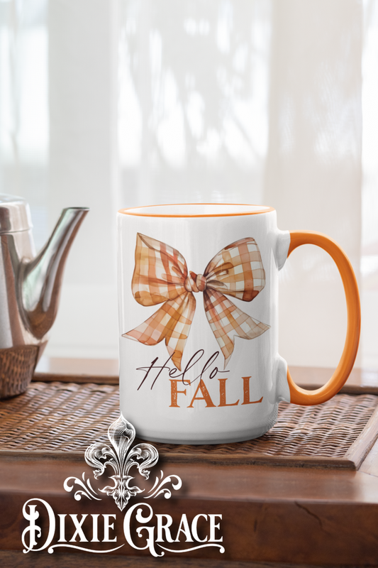 Hello Fall Checkered Bow - Large Coffee Mug