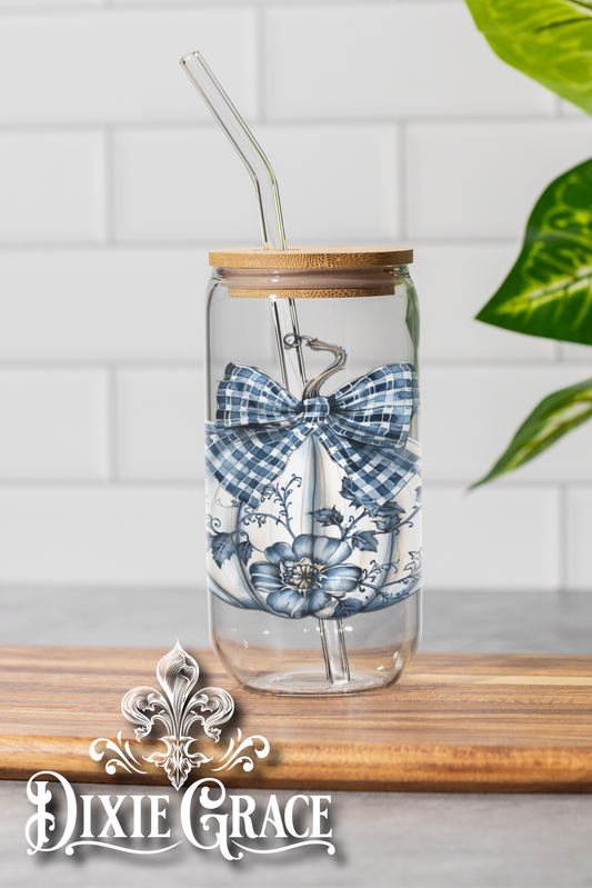 Blue Toile Pumpkin - 16 oz Glass Can