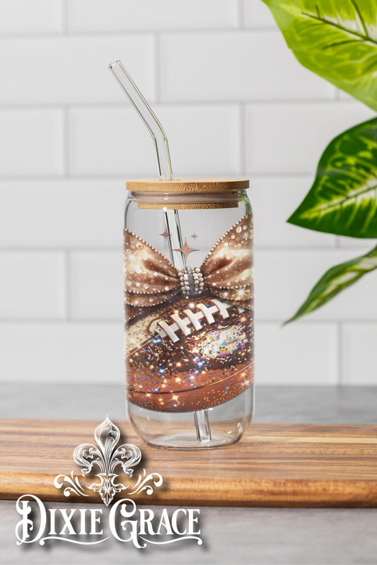 Bling Bow and Football - 16 oz Glass Can