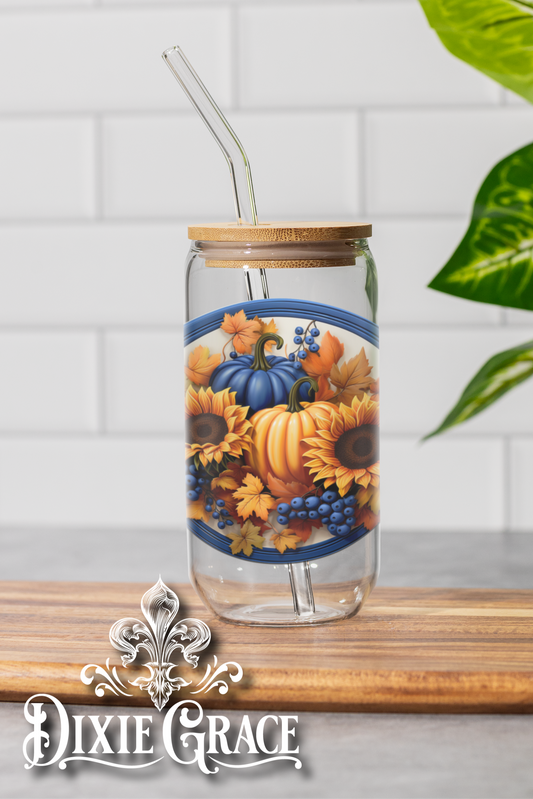 Fall Pumpkins w/ Sunflowers - 16 oz Glass Can