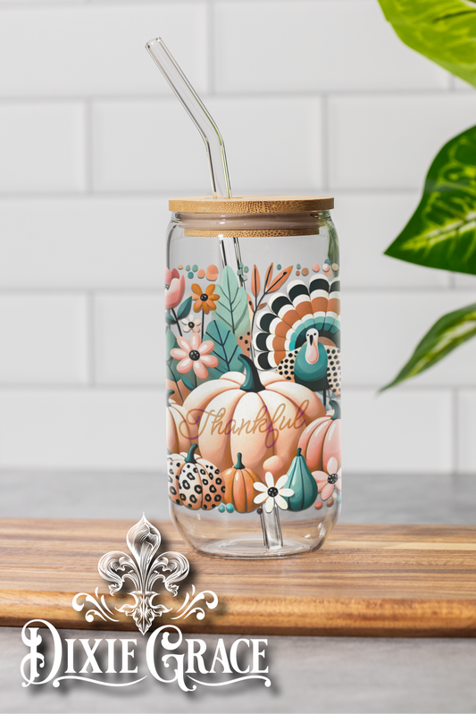 Boho Thankful Turquoise Pumpkin - 16 oz Glass Can