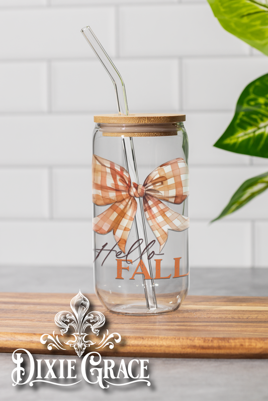 Hello Fall Checkered Bow - 16 oz Glass Can