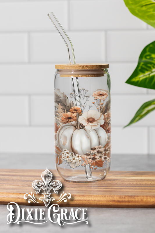 Boho White Pumpkin Floral - 16 oz Glass Can